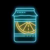 Glowing neon line orange fruit juice in carton package icon isolated on black background vector