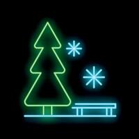 Glowing neon sign depicting winter scenery with bench and pine tree vector