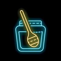Neon icon of a honey jar with a honey dipper inside, glowing blue and yellow on black background vector