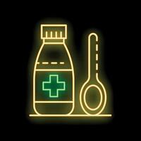 Neon icon of a medicine bottle with a medical cross and a spoon, representing cough syrup vector
