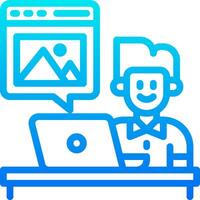 A man sitting at a desk with a laptop and a picture of a person vector