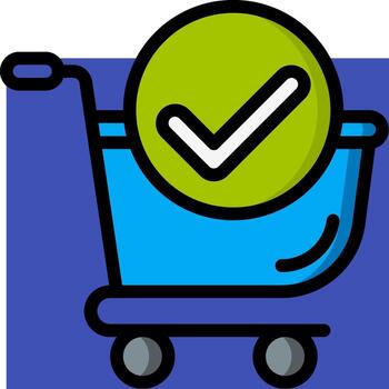 un compras carro con un garrapata marca en eso vector