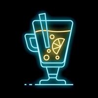 Glowing neon line mulled wine with glass of drink and cinnamon stick icon isolated on black background. Vector illustration