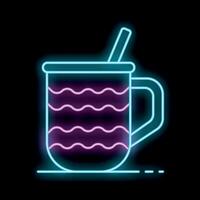 Neon mug with hot drink and straw glowing on dark background vector