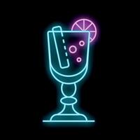 Neon sign of a glass with a cocktail and a slice of orange on black background vector