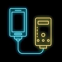 Neon icon of smartphone connecting to power bank for charging vector