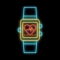 Neon smart watch showing heartbeat icon on black background vector
