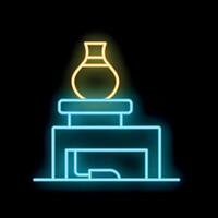 Glowing neon line icon of a traditional japanese vase standing on a wooden table, isolated on black background vector