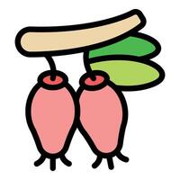 Two rose hips hanging from branch with leaves icon vector