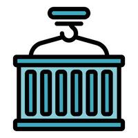 Container hanging from hook during loading process icon vector