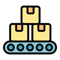 Conveyor belt moving three cardboard boxes in a row vector