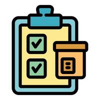 Clipboard showing checklist with two check marks and product box for shipping vector