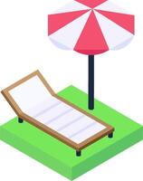 A beach chair and umbrella on a green lawn vector