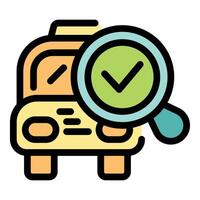 Magnifying glass checking approving a bus passing inspection vector