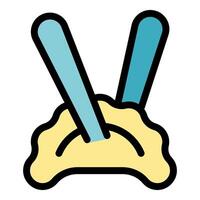 Chopsticks holding up a single dumpling filled with delicious food vector