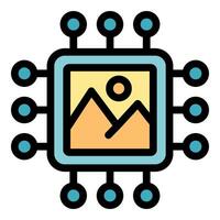 Computer chip processing image with mountains and sun vector