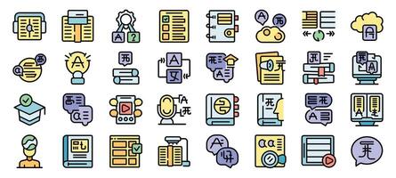 This set of icons depicts different aspects of language learning, from traditional textbooks to modern online platforms vector