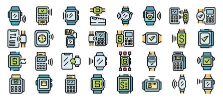 People using nfc technology on smartwatch to pay for purchases in stores, nfc smartwatch payment icons set vector