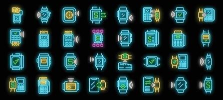 Neon icon set of smart watch performing nfc contactless payment in different variations vector