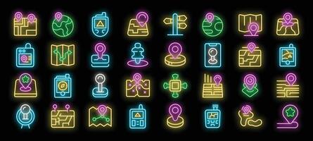 Set of neon glowing icons featuring gps, navigation and location concepts vector
