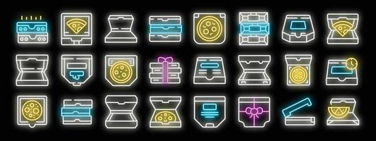 Set of pizza boxes neon light icons with different actions and sizes vector
