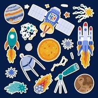 Cute cartoon astronomy sticker set for planners, notebooks. Ready for print list of childish stickers with spaceship, satellite, the Sun, asteroid, planet, rocket, falling star. Scrapbook layout. vector