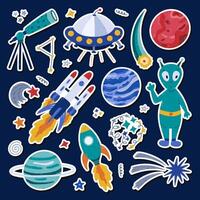 Cute cartoon sticker set about space, astronomy for planners, notebooks. Ready for print list of childish stickers with clipart of UFO, alien, spaceship, rocket, telescope, Mars. Diary layout. vector