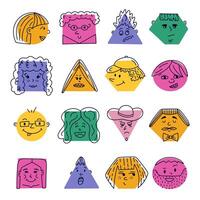 Cute cartoon set of comic faces with different emotions in geometric shapes. Hand drawn crayon caricature emoticons with line expressions in circle, triangle, rectangle, hexagon isolated on white. vector