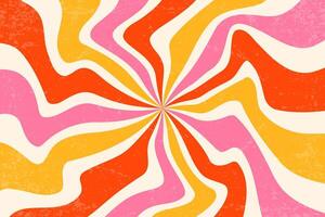 Retro groovy spiral background. Swirl sunburst pattern with grainy texture. Wavy radial sunrays bg. Strawberry pink and orange psychedelic stripes. 70s funky vortex disco style illustration. vector