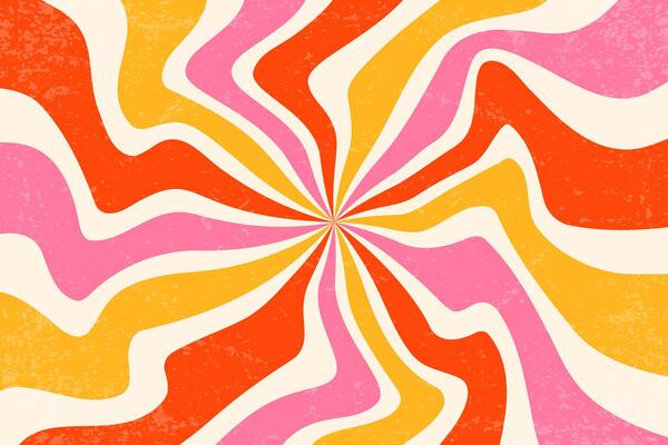 Retro groovy spiral background. Swirl sunburst pattern with grainy texture. Wavy radial sunrays bg. Strawberry pink and orange psychedelic stripes. 70s funky vortex disco style illustration.