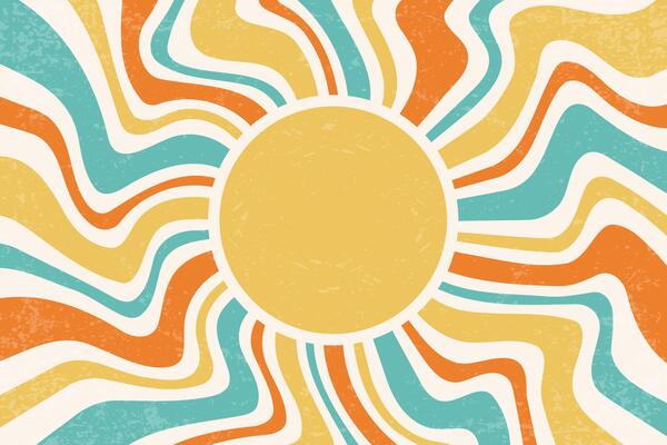 Retro spiral rays background. Groovy swirl radial green and orange sun beams. Vintage psychedelic striped funky bg. Cream colored 70s design wallpaper. Hypnotic curve wallpaper