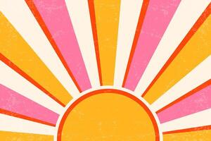 Retro sunrise background. Pattern with radial rays and grunge texture. 70s abstract vintage summer poster. Orange and pink beams on old paper backdrop vector