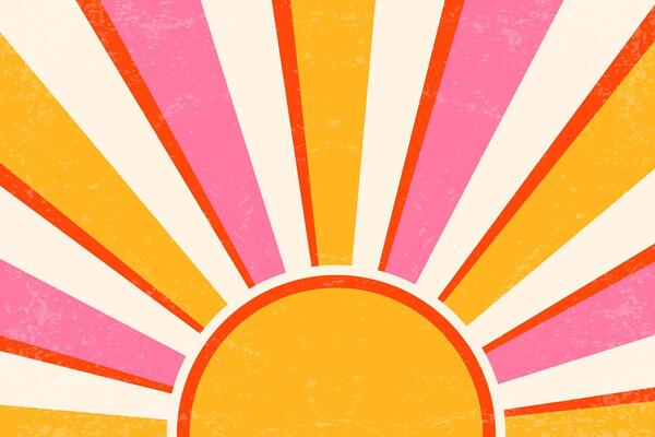 Retro sunrise background. Pattern with radial rays and grunge texture. 70s abstract vintage summer poster. Orange and pink beams on old paper backdrop
