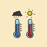 Colorful artwork featuring two thermometers indicating hot and cold temperatures, symbolizing weather variations with a sunny day and rainy cloud. Ideal illustration for weather-related concept vector