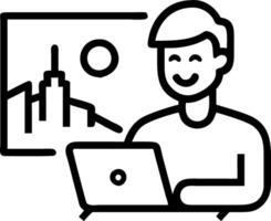 A man working on a balcony with a scenic view smiling at his screen vector