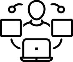 Abstract digital art of a person working remotely with multiple digital screens in a soft bokeh background vector