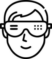 Close up of a face wearing AR glasses displaying holographic data vector