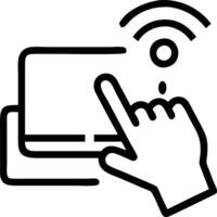Close up of a persons hand interacting with floating virtual icons above a tablet vector