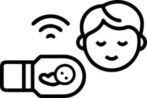 Close up of mother using a wearable baby monitor with digital readouts baby in the background vector