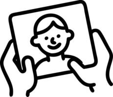 Elderly woman using a smart tablet to view family photos with a plain background and copy space vector