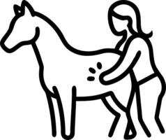 Glossy image of a woman grooming her horse on plain background copy space on the left vector