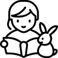 Glossy photo of a girl reading to her rabbit on plain background with copy space below vector