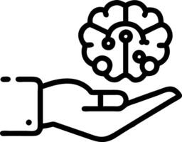 Macro shot of a robotic hand holding a glowing AI brain icon vector