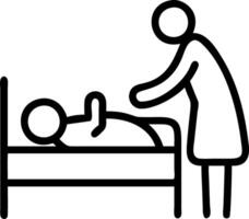 Mother gently placing baby in a crib plain sky blue background with copy space vector
