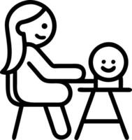 Mother smiling at baby in a high chair glossy orange background with copy space vector