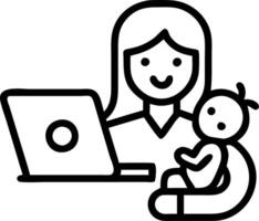 Mother working on a laptop while holding her baby business background with copy space vector