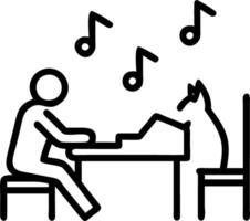 Person playing the piano with a cat sitting atop it in a softly lit room adorned with abstract musical notes vector
