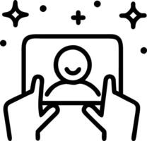 Person smiling while using holographic touchpad with bokeh interface vector