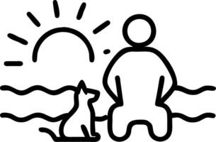 Silhouette of a person and a dog watching the sunrise on a beach with soft abstract waves and light beams vector