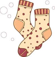 Hand drawn illustrations of warm socks. Knitted wool clothing. Outlines of elements of winter clothing. Red patterned sock vector